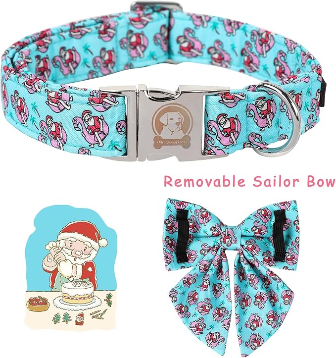 MR. CHUBBYFACE Christmas Dog Collar with Bow, Blue Senta Claus Pattern Dog Collar with Metal Buckle Cute Boy Girl Pet Collars for Puppy Small Medium Large Dogs