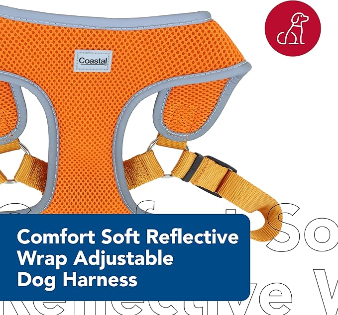 Coastal Pet Comfort Soft Reflective Wrap Adjustable Dog Harness - No-Pull Dog Harness for Small & Large Dogs - Sunset Orange - 5/8" x 19"–23"