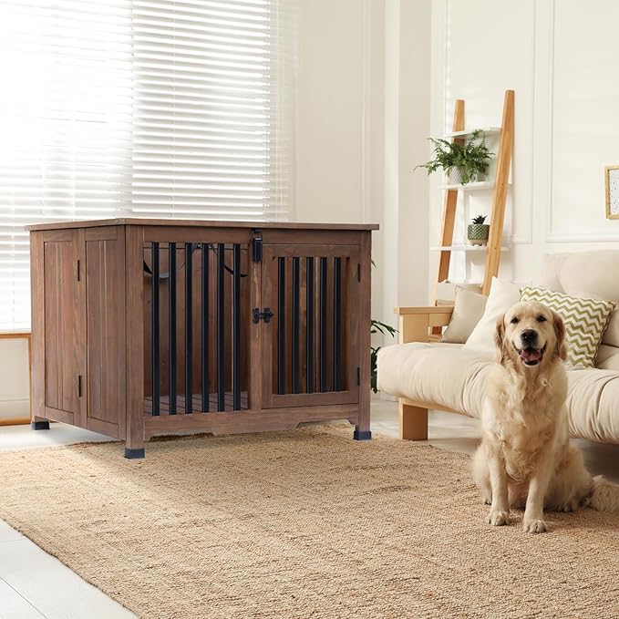 Wooden Dog Crate Furniture,Foldable and Portable Dog Kennel Furniture Indoor,Decorative Dog Crate End Table No Assembly.(Large,Maroon)