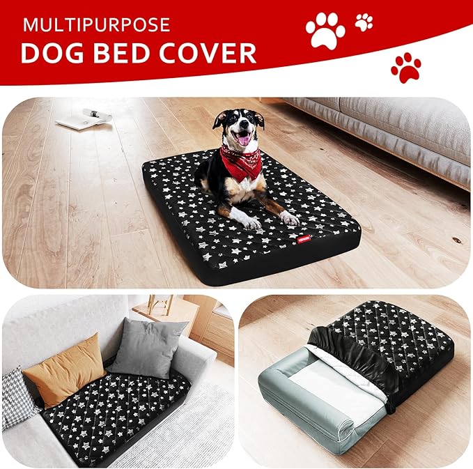 Dog Bed Covers Replacement Washable Pet Hair Easy to Remove, Waterproof Dog Bed Covers Noiseless Quilted, Pet Bed Cover Lovely Black Star Print, Puppy Bed Cover 27x36 Inches, for Dog/Cat, Cover Only
