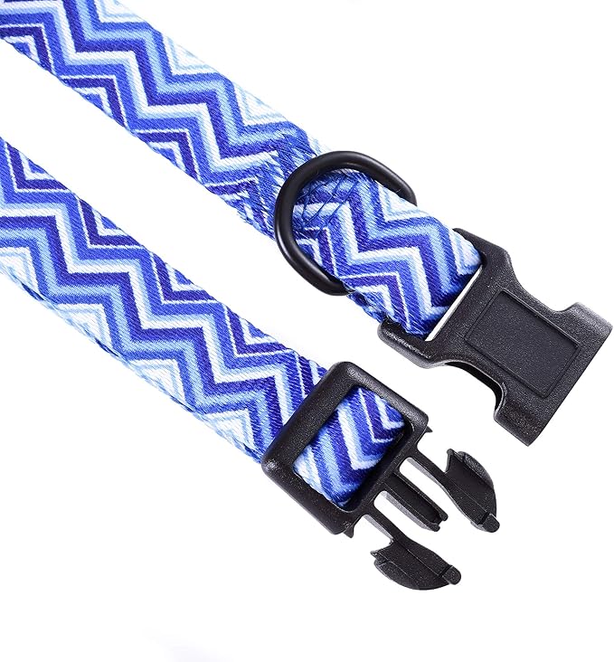 Mile High Life Dog Collar | Cute Puppy Collars | Lightweight Girl Dog Collar | Soft Boy Dog Collars | w Geometric Ocean Wavy Pattern (Blue, Large)