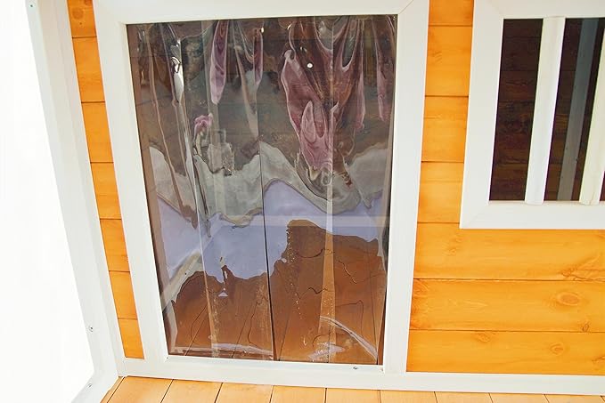 Indoor-Outdoor Wooden Dog House, Porch, Asphalt Roof, Plastic Door Curtain, Ventilation Windows, Brown, Weatherproof, Small to Medium Dog, Puppy Kennel