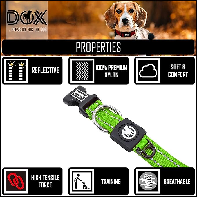 DDOXX Reflective Nylon Dog Collar - Strong and Adjustable Collars Dogs - M (Green)