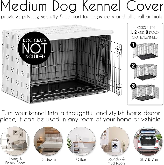 Sweet Jojo Designs 36in. Medium Dog Crate Cover (White and Black Boho) Pet Cage, Kennel Covers (Mudcloth, Black & White, Bohemian, Modern, Minimalist, Southwest, Mud Cloth, Hatch, Neutral Triple Line)