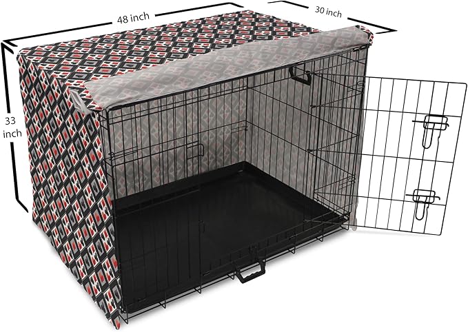 Lunarable Casino Dog Crate Cover, with Geometrical Design and Mosaic Composition Gamblers Club, Easy to Use Pet Kennel Cover for Medium Large Dogs, 48 Inch, Black Red Grey