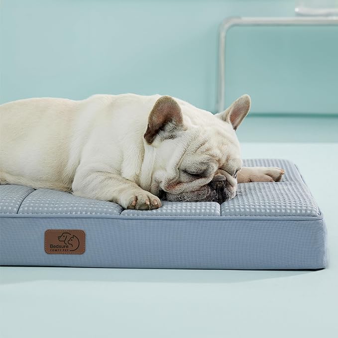 Bedsure Cooling Gel Foam Dog Bed for Large Dogs, Waterproof Orthopedic Egg Foam Dog Bed for Outdoor, Summer Comfort Pet Mats for Crate with Washable Cover(30"x20", Blue)