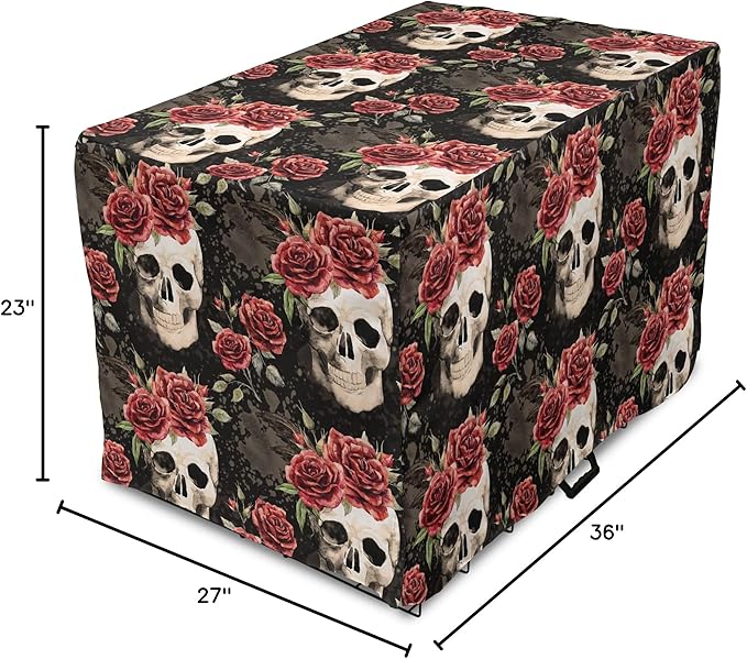 Lunarable Halloween Dog Crate Cover, Mexican Sugar Skull Rose Bouquets Spooky Traditional Humour Culture, Easy to Use Pet Kennel Cover for Medium Large Dogs, 36 Inch, Black Grey