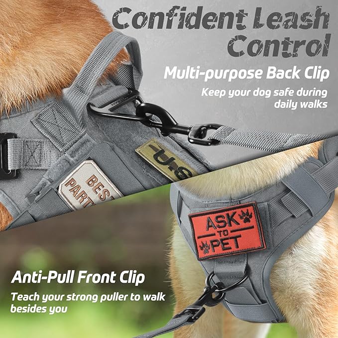 rabbitgoo Tactical Dog Harness for Large Dogs, Heavy Duty Dog Harness with Handle, No-Pull Service Dog Vest Large Breed, Adjustable Military Dog Vest Harness for Training Hunting Walking, Grey, XL
