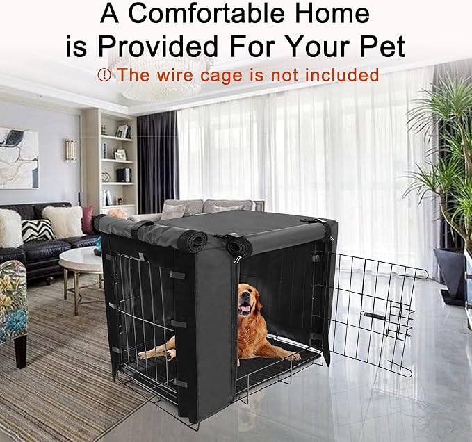 Dog Crate Cover for 42 inches Wire Dog Crate Waterproof, Double Door for Large Pet Kennel Cover, 42 x 28 x 30inch, Black