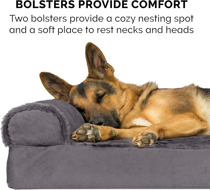 Furhaven Orthopedic Dog Bed for Large Dogs w/ Removable Bolsters & Washable Cover, For Dogs Up to 95 lbs - Plush & Velvet L Shaped Chaise - Platinum Gray, Jumbo/XL