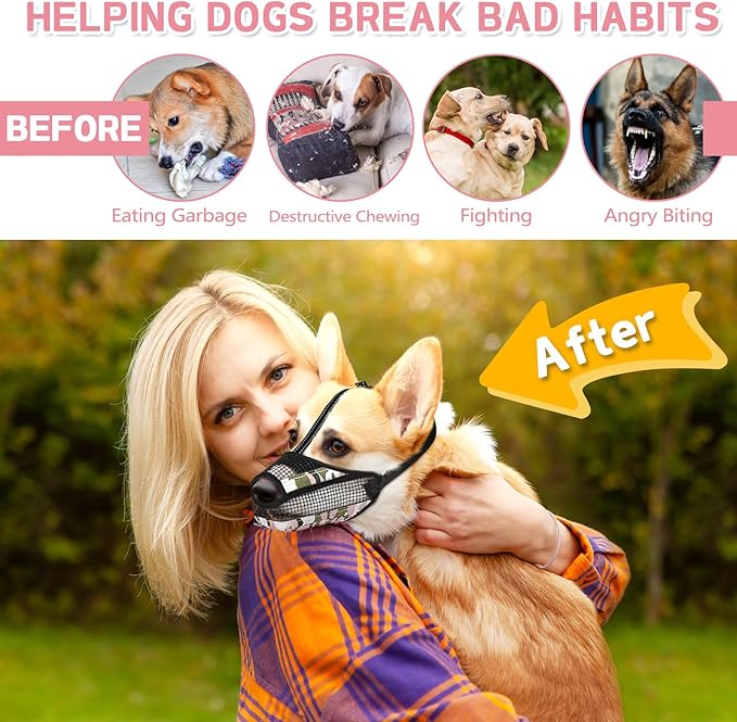 Dog Muzzle for Large Medium Small Dogs, Soft Mesh Muzzle for Dogs with Reflective Adjustable Strap, Prevent Biting Chewing and Licking, Dog Nose Open Design for Reduction Friction (Pink, XS)