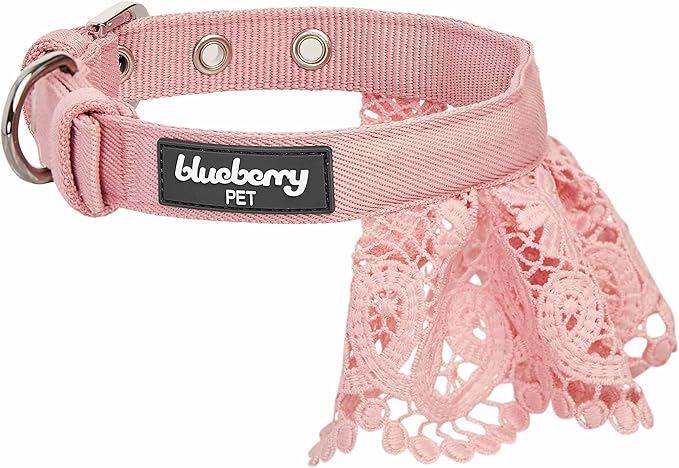 Blueberry Pet Floral Lace Adjustable Dog Collar in Baby Pink with Metal Buckle, Neck 9-12.5", for Small Breed