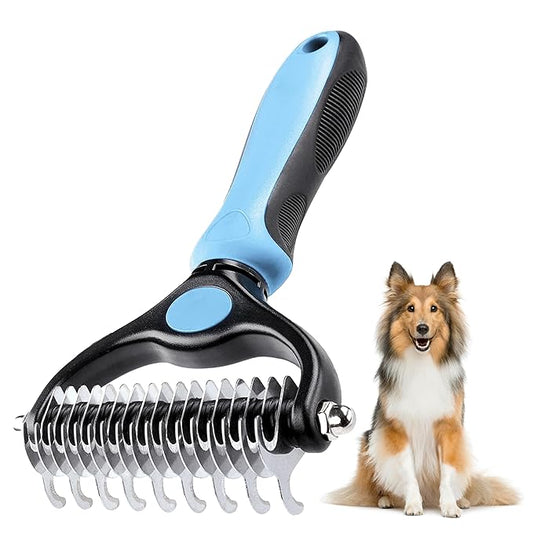 Pet Grooming Comb - Double-Sided Deshedding Tool, Undercoat Rake for Dogs, Dematting Comb for Cats, Extra Wide Brush for Long Haired Dogs & Cats (BLUE)