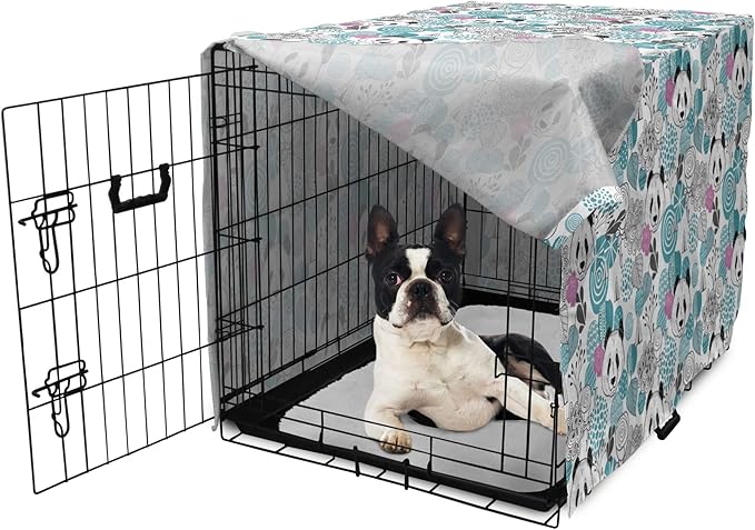 Lunarable Panda Dog Crate Cover, Portraits of Chinese Bears on Sketch Flowers and Abstract Circular Shapes, Easy to Use Pet Kennel Cover for Small Dogs Puppies Kittens, 22 Inch, Slate Blue Pink Grey