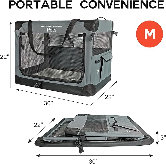 Ashfield & Harkness: Collapsible Soft Dog Crate - 30" - Gray, Sherpa Lined Mat, Durable Mesh Windows, Portable Foldable Pet Kennel, Indoor & Outdoor