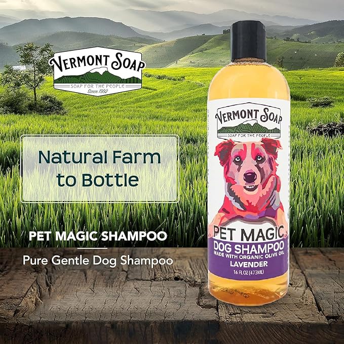 VERMONT SOAP Organics Pet Shampoo - Infused with Organic & Natural Olive Oil, Coconut & Aloe Vera Dog Shampoo for Sensitive Skin - USDA Certified Grooming Pet Shampoo (16oz)