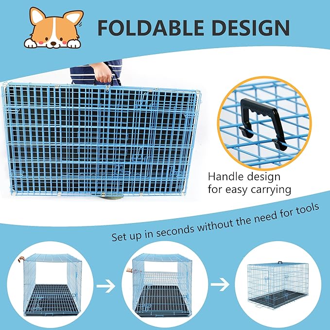 FDW Dog Crate Dog Kennel Cage with Double Door,36 inch Folding Metal Wire Dog Cage with Removable Tray&Divider Panel,Pet Crate for Medium Dogs,Blue
