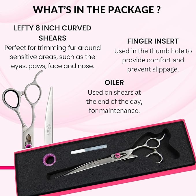 Kenchii Left Handed Dog Grooming Scissors | 8 Inch Shears | Curved Scissors for Dog Grooming | Love Collection Dog Shears | Pet Grooming Accessories | Pet Hair Trimming Scissor