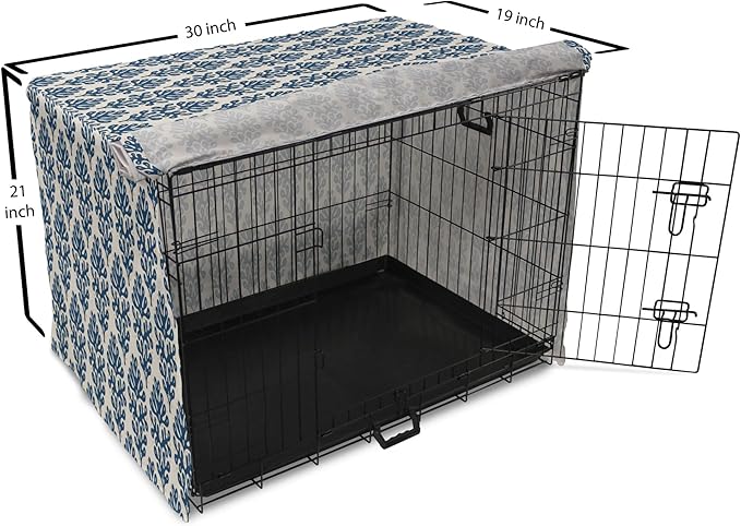 Lunarable Contemporary Blue Dog Crate Cover, Abstract Coral Inspired Motifs with Dots Around, Easy to Use Pet Kennel Cover for Cats & Medium Dogs, 30 Inch, Pale Eggshell Night Blue