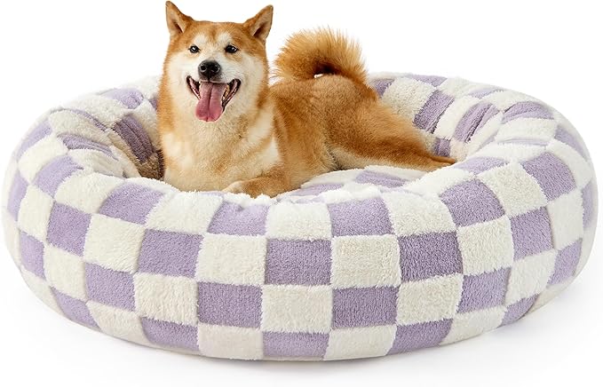 Lesure Donut Large Dog Bed - Round Cat Beds for Indoor Cats Anti-Anxiety Calming Pet Beds, Washable Cute Modern Beds with Teddy Sherpa Plush & Anti Slip Bottom Purple
