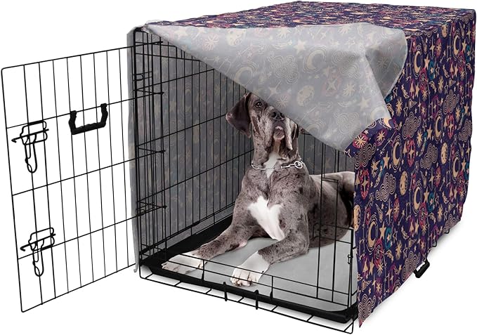 Lunarable Hipster Dog Crate Cover, Hand Drawn Starry Scene of Constellation Crescent Space-Themed Layout, Easy to Use Pet Kennel Cover for Medium Large Dogs, 48 Inch, Navy Blue and Multicolor