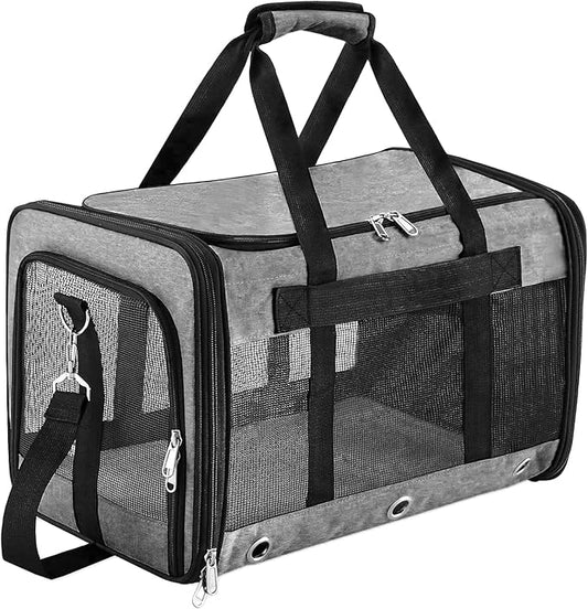 Soft Sided Cat/Dog Carrier，Collapsible Mesh Pets Travel Carriers for Pet/Puppy with Shoulder Strap & Removable Mat，Top Load Small Dogs/Cats Carry Bag Up to 25 Lbs（Grey - L）