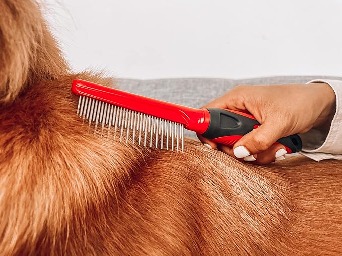 Tuff Pupper Dual Length Detangling Dog Comb | Short and Long Teeth Outer & Inner Coat | Ergonomic Pet Detangling Combs | No-Slip Safety Handle For Precision Control | Rounded Tips Prevent Scratching