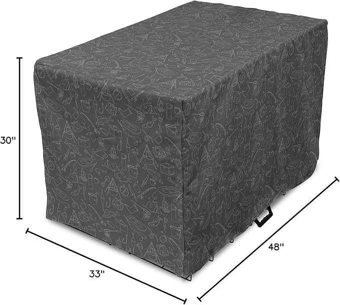 Ambesonne Fishing Theme Dog Crate Cover, Monochrome Illustration with Hand Drawing Angling and Camping Objects, Easy to Use Pet Kennel Cover for Medium Large Dogs, 48 Inch, White and Grey