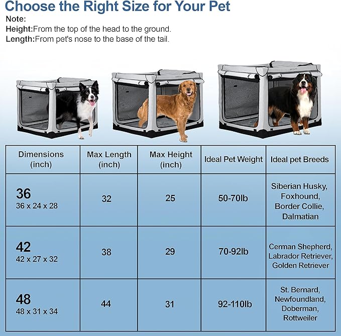 Soft Collapsible Dog Crate - 36 Inch Portable Travel Crate with Extra Space Indoor & Outdoor, 4-Door Foldable Pet Kennel with Durable Mesh Windows, Light Gray