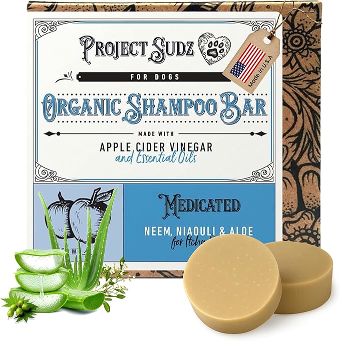 Medicated Organic Dog Shampoo Bar for Hot Spots, Dry Coat, and Allergies, All Natural Dog Shampoo with Neem, Aloe, and ACV, Eco-Friendly, Vet Recommended, 1 Bar for Sensitive Skin Relief