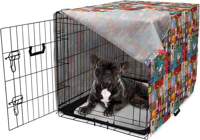 Lunarable Christmas Dog Crate Cover, Modern Design Theme Funny Xmas Winter Patterns Theme, Easy to Use Pet Kennel Cover for Cats & Medium Dogs, 24 Inch, Red Blue