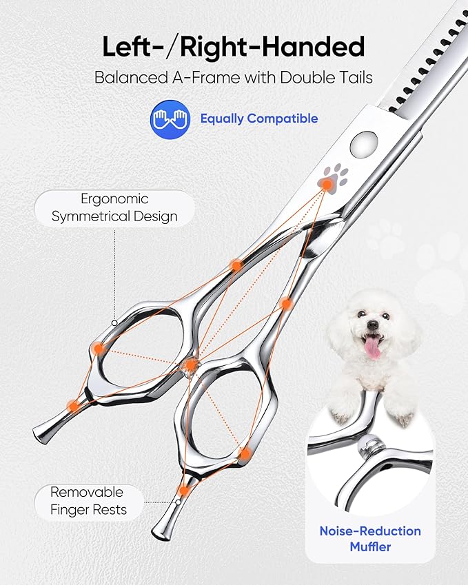 ULG 7.5" Curved Professional Dog Grooming Shears 30-Tooth Precision Thinning (55-60%) Japanese 440C Stainless Steel Adjustable Tension & Universal Left & Right Hand Use