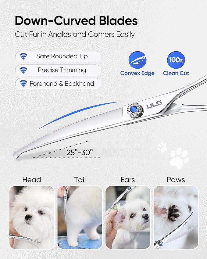 ULG Curved Thinner Dog Shears for Grooming - Ergonomic Dog Grooming Shears Sharp Curved Blender Dog Scissors for Grooming 440C Stainless Steel Grooming Scissors Professional Pet Shears