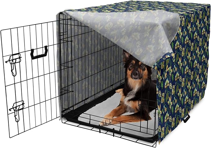 Lunarable Jacobean Dog Crate Cover, Triangles with Floral Pattern Stalks Leaves Flowers Whimsical Nature, Easy to Use Pet Kennel Cover for Medium Large Dogs, 36 Inch, Dark Blue Green Mustard