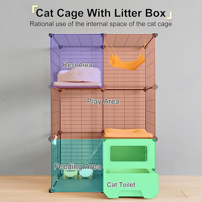 Oneluck Cat Cage Indoor with Litter Box 3-Tier DIY Cat Detachable Metal Wire Kennel Crate Large Exercise Place Ideal for 1-2 Kittens