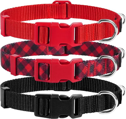 azuza 3 Pack Christmas Nylon Dog Collars Buffalo Check Durable and Comfortable Dog Collars with ID Tag Ring Adjustable for Medium Dogs, M (14-20inch)