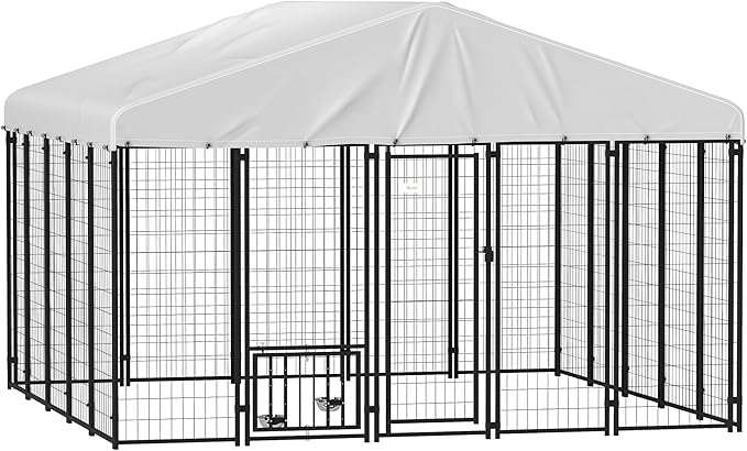 PawHut 9.8' x 9.8' x 6.8' Outdoor Dog Kennel, Welded Wire Heavy Duty Dog Run with 360° Rotating & 4 Level Adjustable Bowls, Dog Kennel Outside with Waterproof & UV Resistant Cover, for S&M&L Dogs