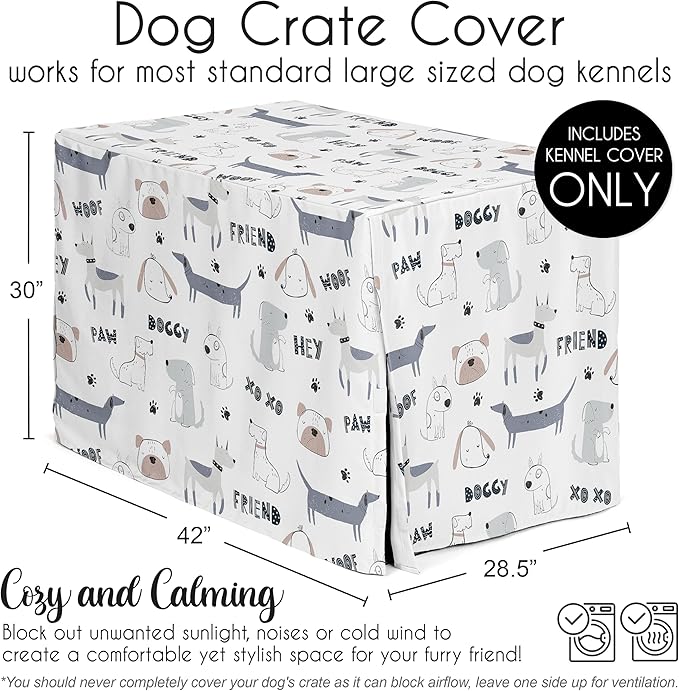 Sweet Jojo Designs 42in. Medium/Large Dog Crate Cover (Cartoon Puppy Print) Pet Cage, Kennel Covers (Neutral, Modern, Bulldog, Wiener Doggy, Paws, Whimsical, Playful, Woof, Dachshund, Blue, Taupe)