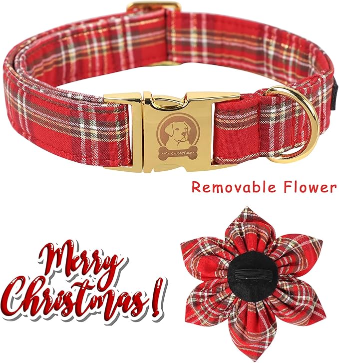 MR. CHUBBYFACE Christmas Red Plaid Dog Collar with Flower, Cotton Christmas Collar with Metal Buckle, Boy Girl Dog Collars for Small Medium Large Dogs