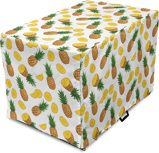 Lunarable Pineapple Dog Crate Cover, Sliced in Half Ananas Exotic Fruit Rhythmic Retro Look Print, Easy to Use Pet Kennel Cover for Cats & Medium Dogs, 30 Inch, Mustard Fern Green