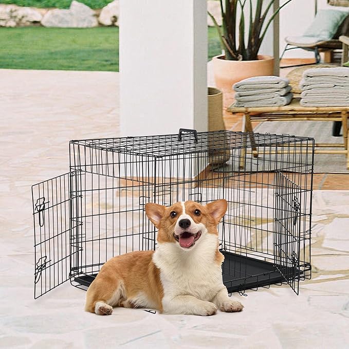 FDW 30 inch Dog Crate Dog Kennel Cage with Double Door Folding Metal Wire Dog Cage with Removable Tray&Divider Panel,Pet Crate for Medium Dogs,Black