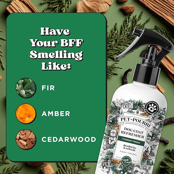 Pet-Pourri Dog Coat Deodorizing Spray – Plant Derived Ingredients – Vet Recommended – Fir + Amber + Cedarwood – Paraben & Sulfate-Free - Grooming perfume Spray for Dog Odor