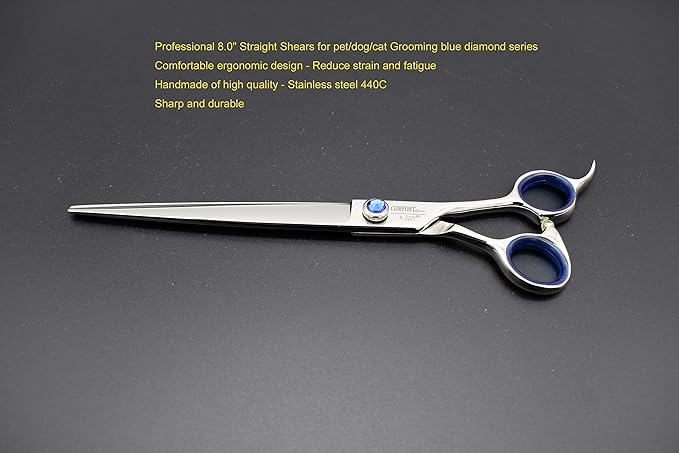Professional Dog Shear Scissor Straight 8 Inch For Dogs Grooming Stainless Steel Japanese Process (8.0" Straight Blue Diamond)