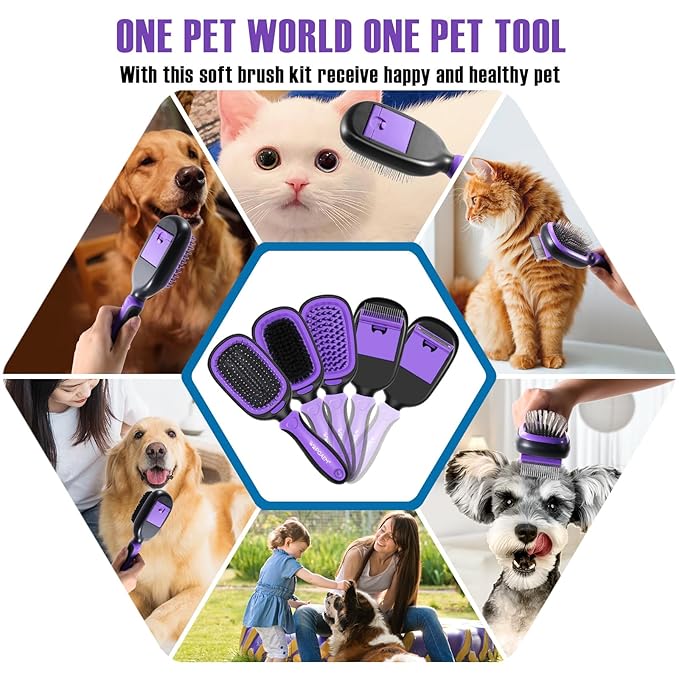 Dog Grooming Brush Kit 5-in-1 with Interchangeable Heads – Ideal for Medium & Large Dogs and Cats with Medium to Long Hair – Reduces Shedding, Removes Tangles, and Controls Loose Fur. Purple