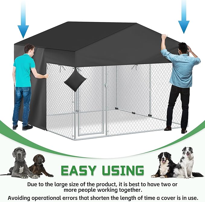 Outdoor Dog Kennel Cover Half Coverage for 10x10FT 600D Heavy Duty Waterproof Kennel Covers for Dog Cages(Cover Only) Black