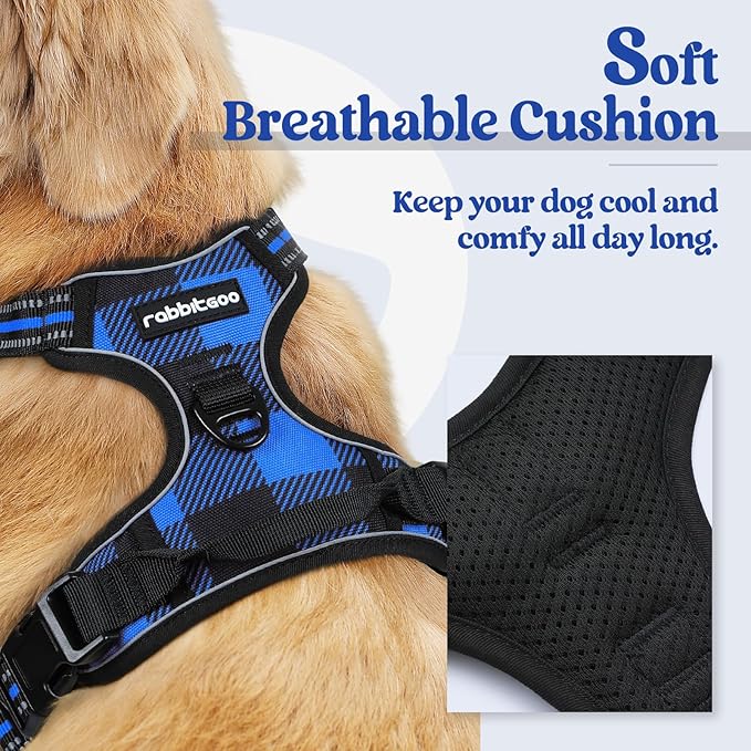 rabbitgoo Dog Harness for Large Dogs No Pull, Comfortable Padded Plaid Dog Harness with Handle Easy Control, Adjustable Reflective Puppy Pet Harness Vest with 2 Leash Clips, Blue Plaid, L