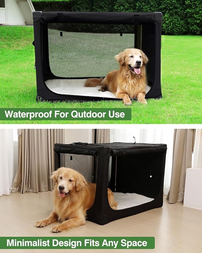 42 Inch Collapsible Travel Dog Crate for Medium Large Dogs, Portable Dog Crate 4-Door Foldable Soft Kennel with Chew-Proof Mesh Windows for Indoor & Outdoor Travel,with Storage Bag,Black