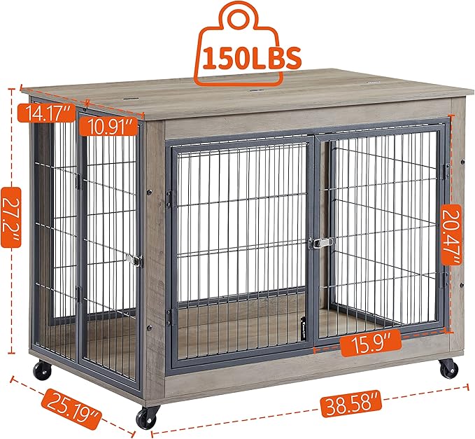 KEIKI Dog Crate Furniture, 43" Iron Dog Crate with Side Openings, Double-Door Dog House for Small/Medium/Large Dog, Grey