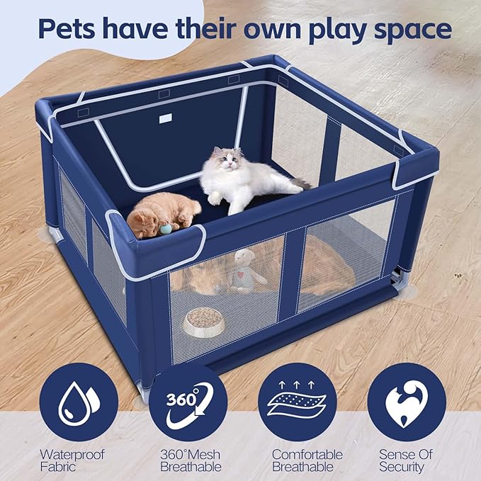 42x42x25.6 Inches Dog Playpen, Foldable Portable Soft Puppy Playpen with Gate, Thickened Fabric Mesh Dog Fence with High-Strength Nylon Wire Mesh, Indoor Outdoor Breathable Exercise Pet Fence Cage