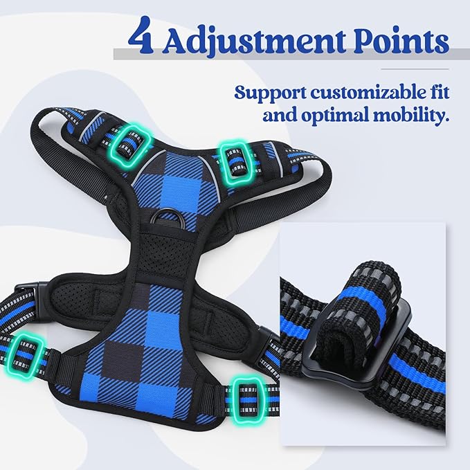 rabbitgoo Dog Harness Medium Sized Dog No Pull, Comfortable Padded Plaid Dog Harness with Handle Easy Control, Adjustable Reflective Puppy Pet Harness Vest with 2 Leash Clips, Blue Plaid, M